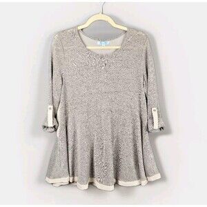 She + Sky Tunic Top Womens M Gray Beige Knit Semi Sheer Back Roll Tab Flowy